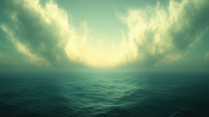 Fototapeta premium Serene ocean landscape at sunset with teal and green hues, peaceful and dreamy atmosphere