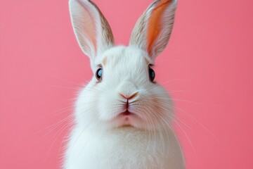Obraz premium Cute white rabbit with big ears posing against a pink background, showcasing its charming expression and fluffy fur
