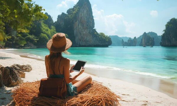 Traveler woman relaxing on straw nests using tablet at Railay beach Krabi, Asia business people on vacation at resort work with computer notebook, Tourist travel Phuket Thailand summer holiday trip