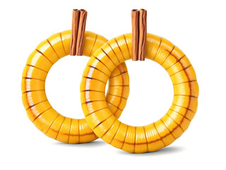 Baked delicata squash rings with maple glaze, caramelized edges, bright yellow flesh, cinnamon stick garnish