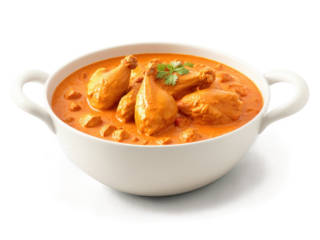 Butter Chicken, Indian curry dish with tender chicken in creamy tomato sauce, swirling in the air, vibrant orange hue