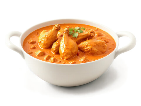 Butter Chicken, Indian curry dish with tender chicken in creamy tomato sauce, swirling in the air, vibrant orange hue
