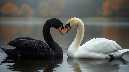 Black and white swans forming a heart shape on a serene lake, symbolizing tranquility, harmony, and natural beauty. Peaceful reflection of love in nature.
