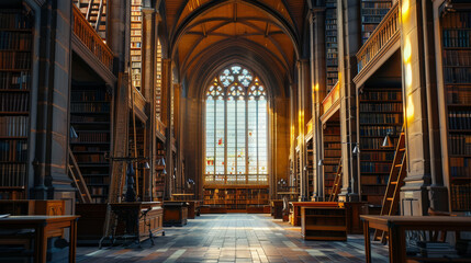 Fototapeta premium The interior space of a library from the classic era or the past is very beautiful and stunning