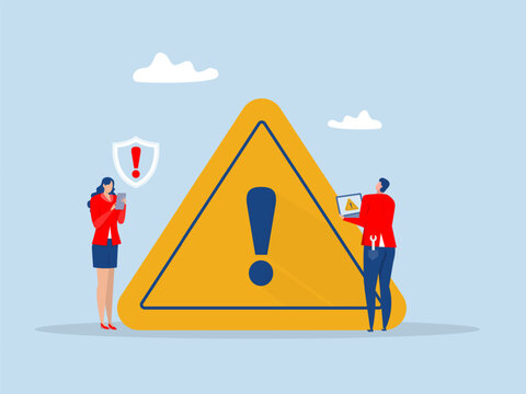 businessman  checking with exclamation sign,warning message, caution or alert attention, safety or danger  risk or important information, beware or careful sign,vector illustrator