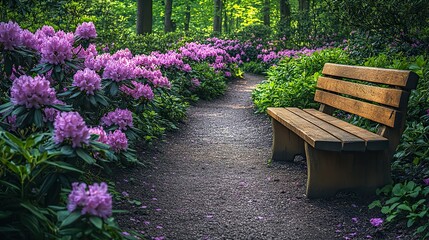 A winding path leads through a vibrant rhododendron garden with purple and pink flowers to a wooden bench