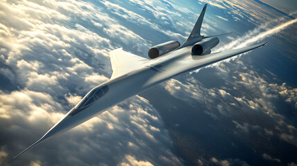  Futuristic sleek tail-less fighter jet soaring through the sky with advanced aerodynamic design and high-tech cockpit, dramatic cloud background, photorealistic style with fine HD details.