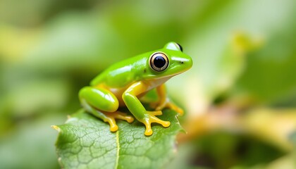Obraz premium Vibrant Green Tree Frog on Lush Leaf