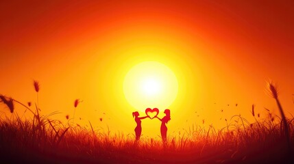 Two Women Silhouette Forming Heart at Sunset in Golden Field