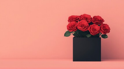 valentine roses innovative Design. A stylish arrangement of red roses in a black square vase against a soft pink background, creating a modern and elegant look.
