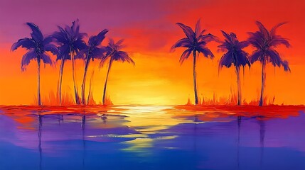 Obraz premium Vibrant Sunset Landscape With Palm Trees Silhouetted