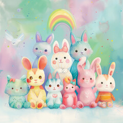 A colorful illustration of cute, cartoon-style bunnies against a pastel background, perfect for childrens products and Easter themes