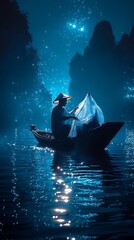 Night Fisherman in Boat with Bioluminescent Water
