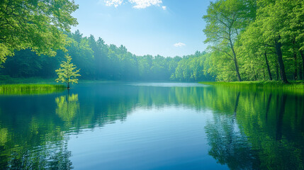 Fototapeta premium Forest lake with rich reflections and space for text