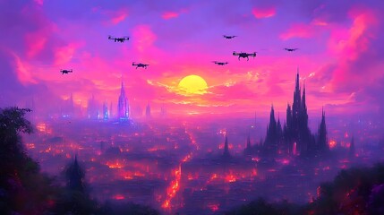 Drones Fly Over Futuristic City at Sunset