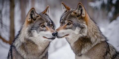 Fototapeta premium Gray wolves standing together in snow