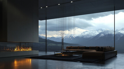 Modern cozy living room with mountain view and large windows