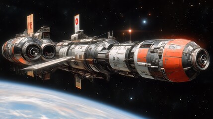 Futuristic Spaceship Orbiting Earth Above Starry Cosmos