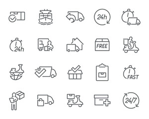 Fast & Free Shipping Icons. Editable vector icons- global parcel tracking, free delivery boxes, and time-sensitive logistics solutions. Ready for business use.