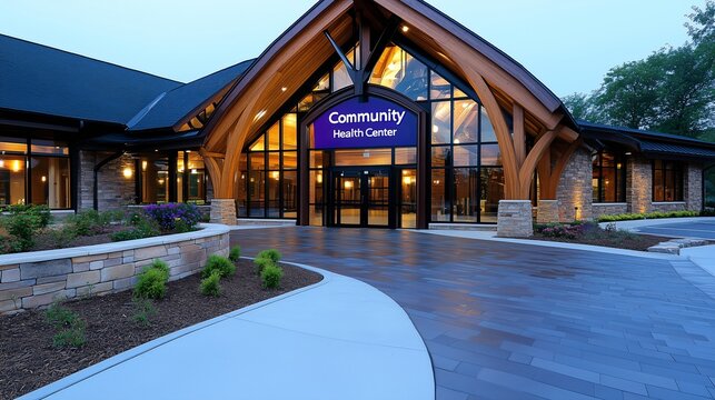 Elegant wooden arch design at the entrance of a community health center surrounded by landscaping.
