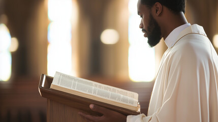Man in Traditional Attire Reading Scripture at Podium