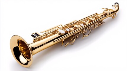 Obraz premium Golden saxophone with intricate details on a white background.