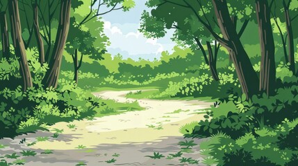 Fototapeta premium Lush green forest path with vibrant foliage and soft sunlight filtering through trees, creating serene and peaceful atmosphere