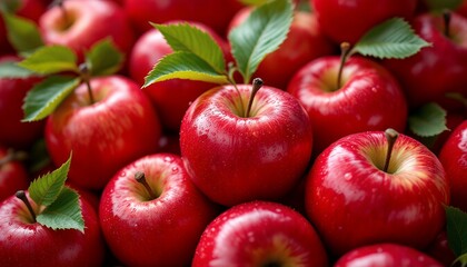 A Close-Up Shot of Red Apples with Green Leaves: Fresh, Juicy, and Delicious