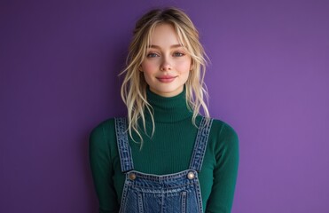 Young blonde woman in a green turtleneck and jeans with overalls, posing