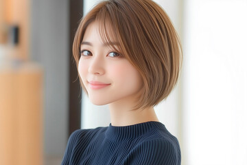 笑顔が可愛い若い女性のポートレート。ショートヘアのカットモデル