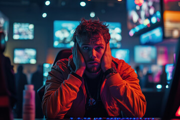Fototapeta premium A young man sits at his computer, hands covering his ears, wearing an orange jacket in a brightly lit room.
