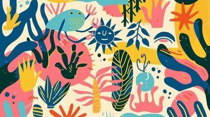 Fototapeta premium Colorful Abstract Pattern with Plants, Sun and Whimsical Creature