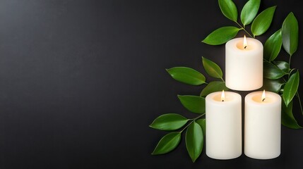 White Candles Surrounded by Green Leaves on Dark Background