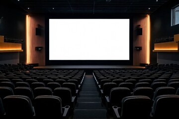 Cinema with black chairs with white blank screen in Brazil. Mockup of hall, no people and auditorium