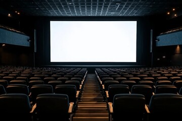 Cinema with black chairs with white blank screen in Brazil. Mockup of hall, no people and auditorium