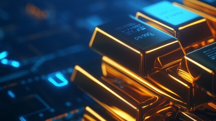A close-up of gold bars resting on a digital circuit background, symbolizing wealth and technology.