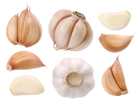 Close-up, garlic, peeled garlic cloves and garlic cloves isolated on the white background, clipping path, collection, set