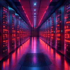 Fototapeta premium A futuristic server farm glowing with pulsating neon lights