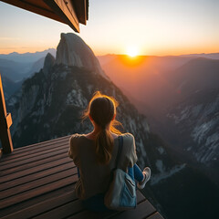 Naklejka premium Meditating female is relaxing in mountains.