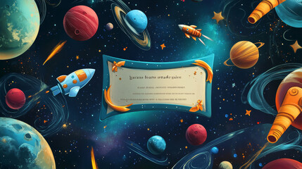 Cartoon kids diploma with space rockets flying between planets in galaxy, vector certificate. School award or kindergarten appreciation diploma background with spaceship in and spacecraft in universe