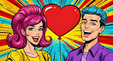 Pop art style smiling couple with heart balloon on colorful retro background for joyful Valentine and celebration concept