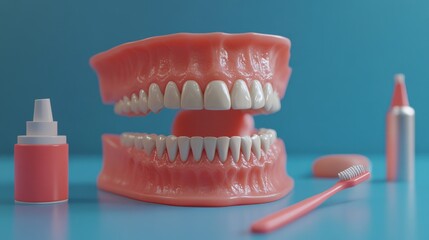 Obraz premium Realistic Model of Dental Arch with Toothbrush and Dental Care Items