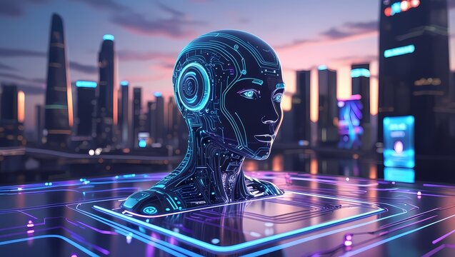 Futuristic Digital Silhouette of Artificial Intelligence Technology - Vector Illustration