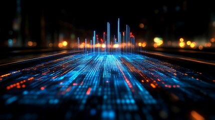 Digital Cityscape Illuminated At Night Showing Data Flow