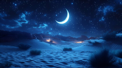 Serene Desert Night Landscape under a Crescent Moon and Starlit Sky