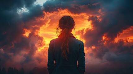 Obraz premium A woman stands amidst a stormy sky, symbolizing emotional turmoil, pain, and mental health challenges
