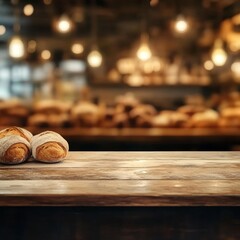 Freshly Baked Bread Rolls on Wooden Table in Cozy Bakery Atmosphere