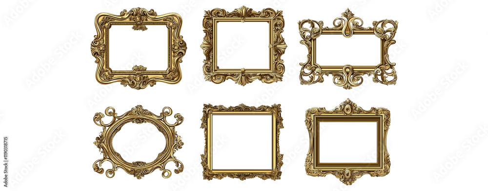 Wall mural Set of pink flowers isolated on a transparent backgroun - Set of golden vintage frames isolated on a transparent background