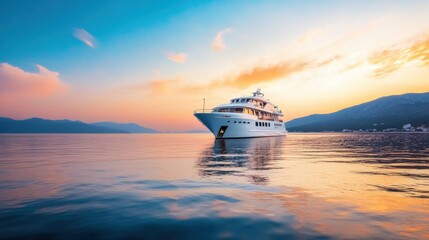 Naklejka premium Luxury yacht at sunset on calm waters with scenic landscape