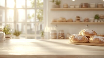 Freshly Baked Buns on Wooden Table in Bright Bakery Interior